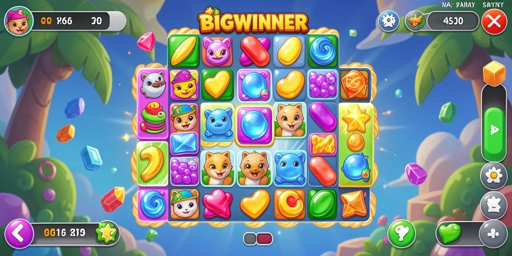 Tampilan seru dari gameplay BIGWINNER dengan level Match-3 yang menantang.