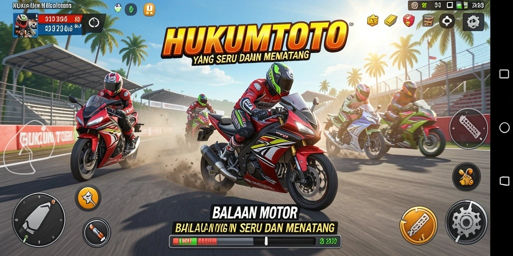Gameplay HUKUMTOTO yang mendebarkan dengan motor balap cepat.