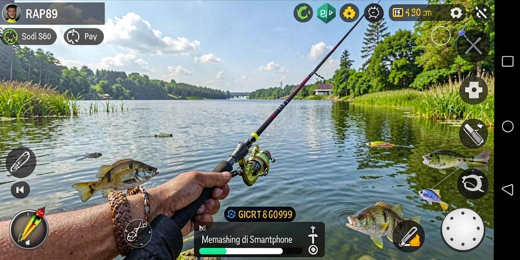 Tampilan gameplay memancing yang menarik dengan banyak ikan.