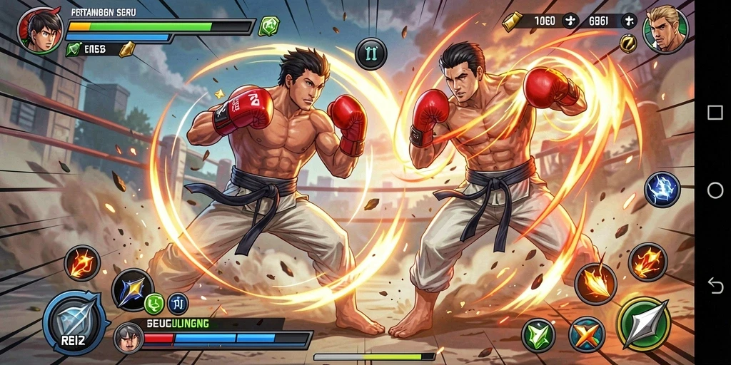 Screenshot gameplay REMI62 menunjukkan pertarungan epik antara dua karakter.