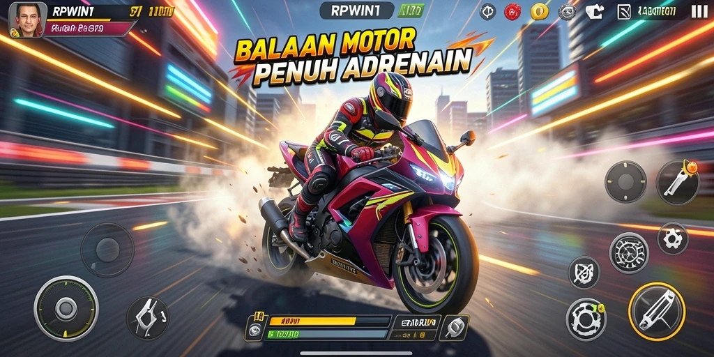 Tampilan gameplay RPWIN1 dengan motor balap dan trek menantang.