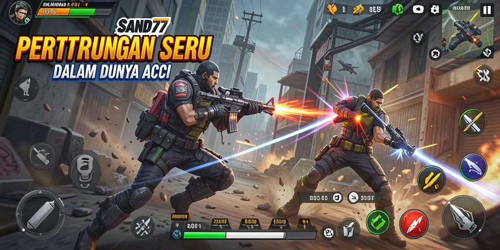 Screenshot utama SAND77 menampilkan aksi pertarungan yang mendebarkan di arena.
