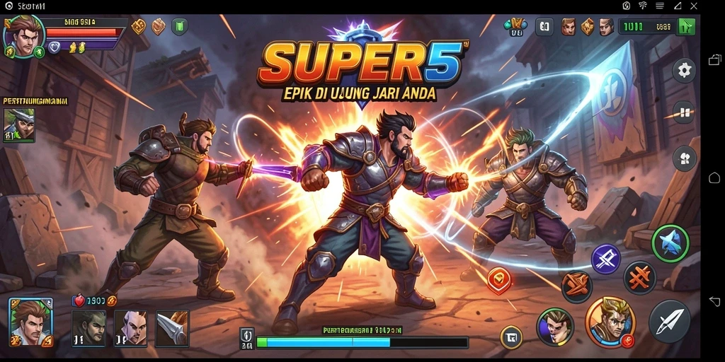 Tampilan pertarungan seru dalam SUPER5 dengan karakter yang beragam.