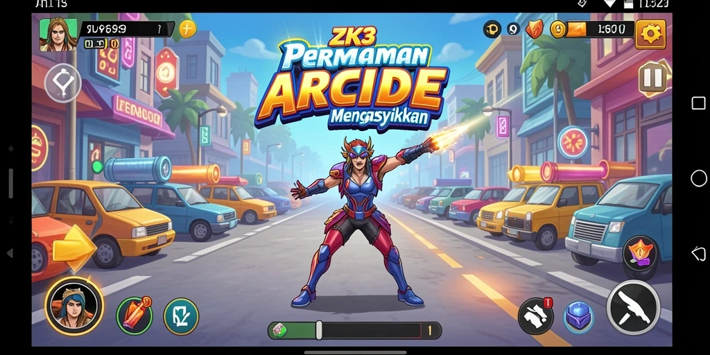 Screenshot gameplay ZK3 dengan aksi seru di level Arcade.